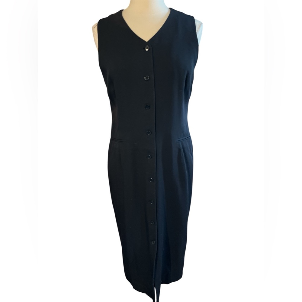 Talbots Black Wool Blend Button Up Sleeveless, Sheath Midi Dress V-Neck  Size 12